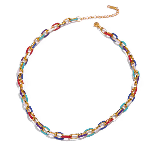 Rainbow Chain Necklace, hypoallergenic stainless steel, 18k gold-plated, featuring multicolored chains for a cheerful and sustainable look.