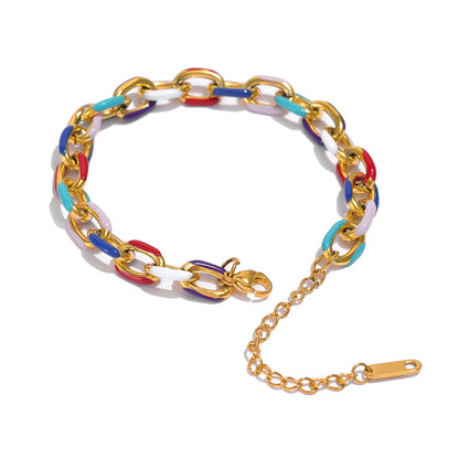 Rainbow Chain Bracelet, hypoallergenic stainless steel, 18k gold-plated, featuring multicolored chains for a cheerful and sustainable look.