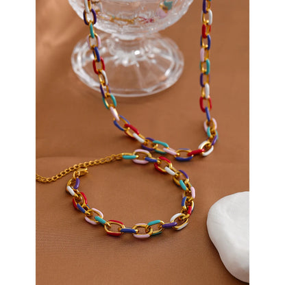 Rainbow Chain Necklace, hypoallergenic stainless steel, 18k gold-plated, featuring multicolored chains for a cheerful and sustainable look.