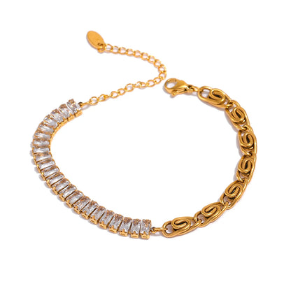 Enchanted Creative Chain Bracelet and Necklace Set with Solid Zirconias, hypoallergenic stainless steel, 18k gold-plated, for elegant special occasions.