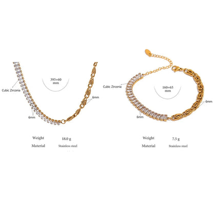 Enchanted Creative Chain Bracelet and Necklace Set with Solid Zirconias, hypoallergenic stainless steel, 18k gold-plated, for elegant special occasions.