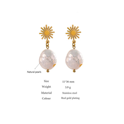 Radiate elegance with our Sun and Freshwater Pearl Earrings. Featuring a sun-shaped design and natural freshwater pearls, these 18k gold-plated, hypoallergenic stainless steel earrings exude positive energy and timeless beauty. Perfect for any occasion.