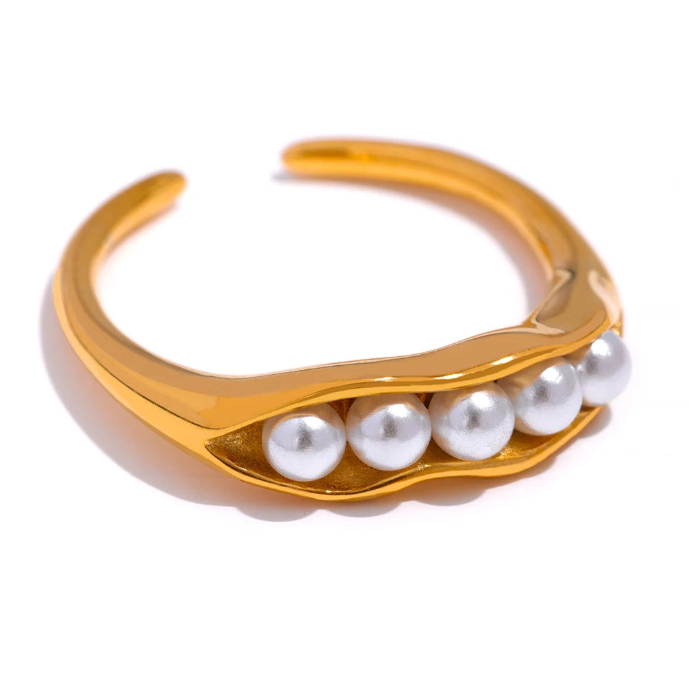 Yhpup Chic Charm Imitation Pearls Waterproof Metal Stainless Steel Open Ring New Fashion 18K Gold Plated Women Trend Jewelry