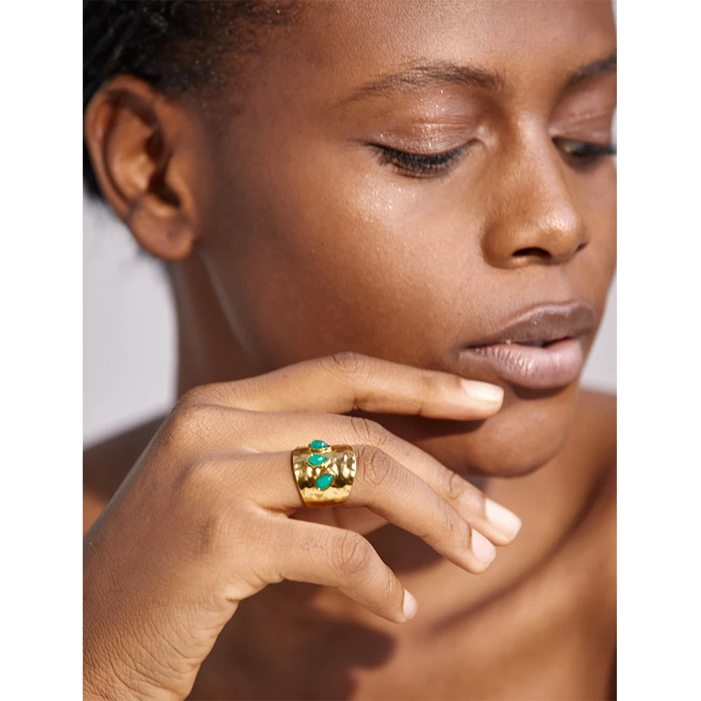 Another angle of the model wearing the Rustic Green Trio Stone Ring, highlighting its adjustable design and comfortable fit.