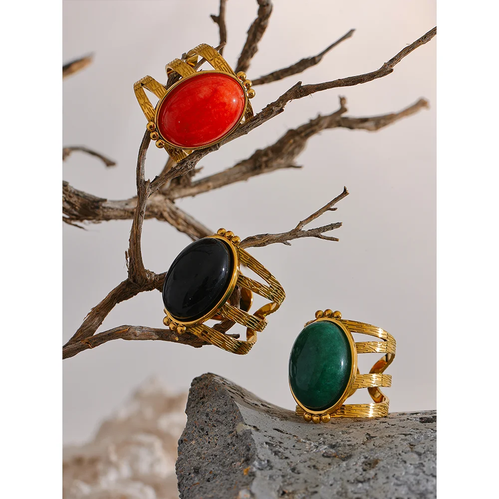 Yhpup Red Black Green Stone Stainless Steel Open Adjustable Popular Fashion Ring Gold Plated Waterproof Women Jewelry Gala Gift