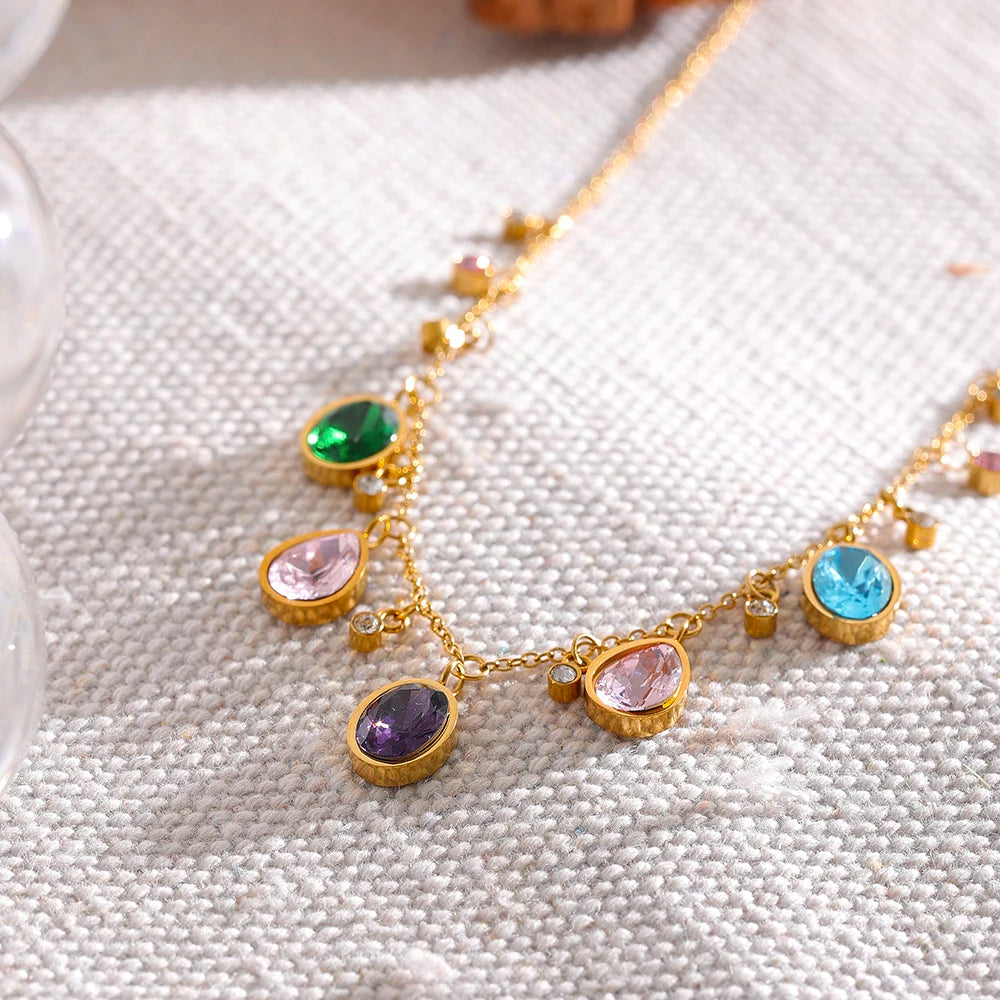 Close-up of the Multicolored Shine Zirconia Necklace, highlighting the vibrant sparkle and colorful zirconias that reflect light beautifully, crafted from hypoallergenic and sustainable materials