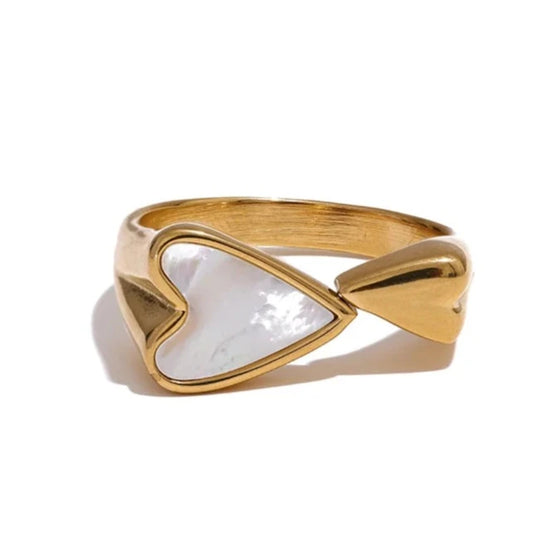 Heart-Shaped Natural Shell Ring displayed on a white background, featuring its adjustable design and stunning heart made of natural shell, crafted from hypoallergenic stainless steel and plated with 18k gold