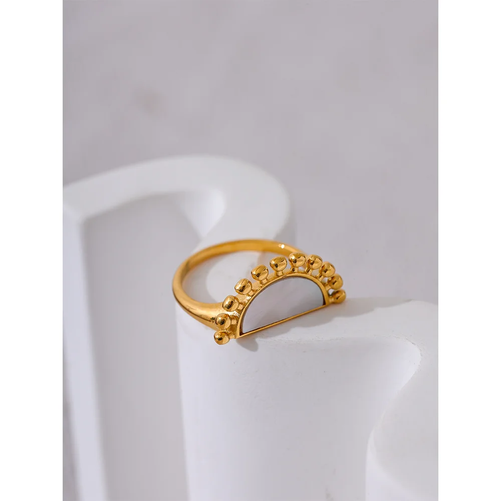 Yhpup Trendy Stainless Steel Natural Shell Fan Ring for Women Personalized Gold Color Versatile Finger Jewelry High Quality