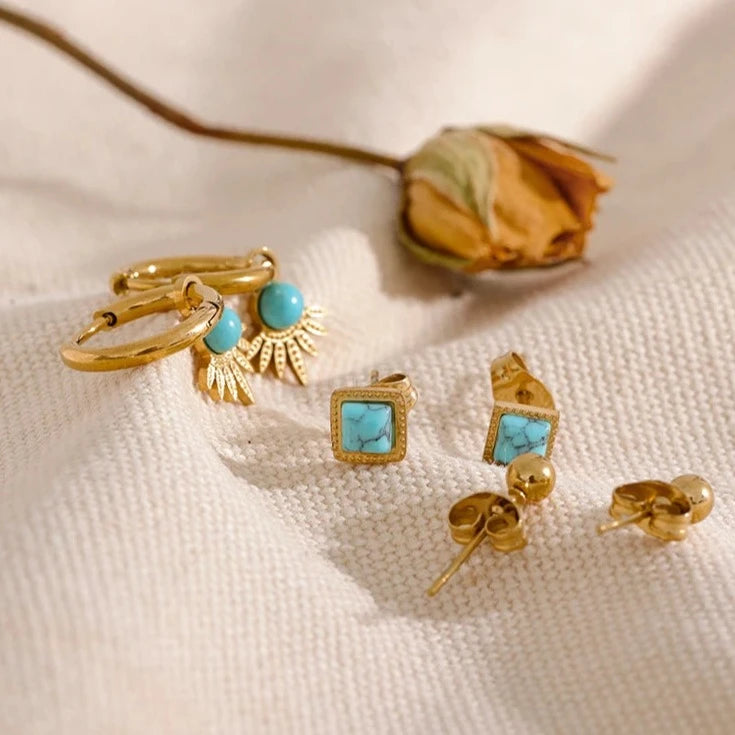 Minimalist Blue Stone Earring Set, hypoallergenic stainless steel, 18k gold-plated, for lasting elegance and comfort.