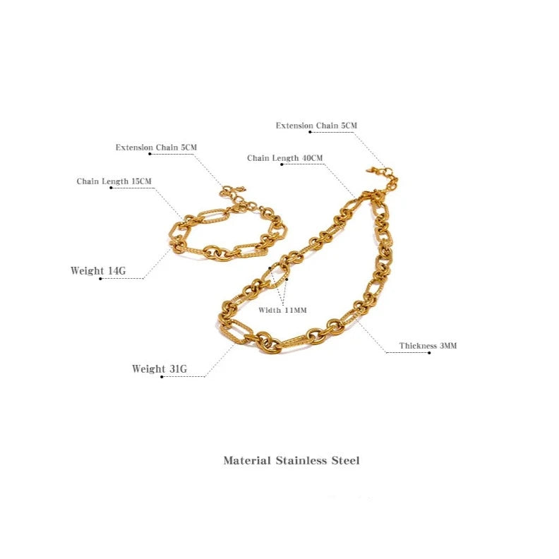 Elevate your style with our Wide Chain Necklaces and Bracelets Set. Crafted from hypoallergenic stainless steel and plated with 18k gold, this set combines elegance with sustainability. Perfect for any occasion.