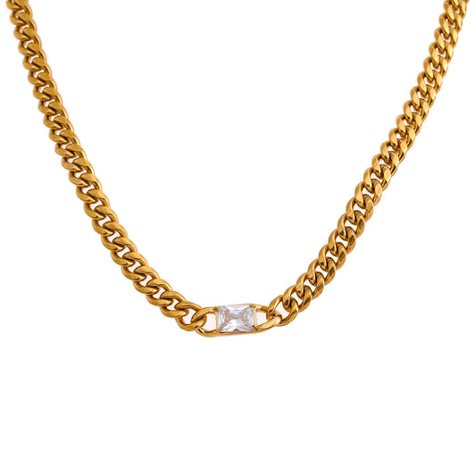 Bold Statement Chunky Chain Necklace, hypoallergenic stainless steel, 18k gold-plated, with thick chains and rectangular zirconia for confidence and power.