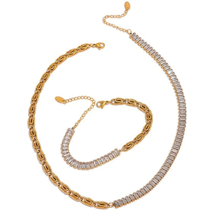 Enchanted Creative Chain Bracelet and Necklace Set with Solid Zirconias, hypoallergenic stainless steel, 18k gold-plated, for elegant special occasions.