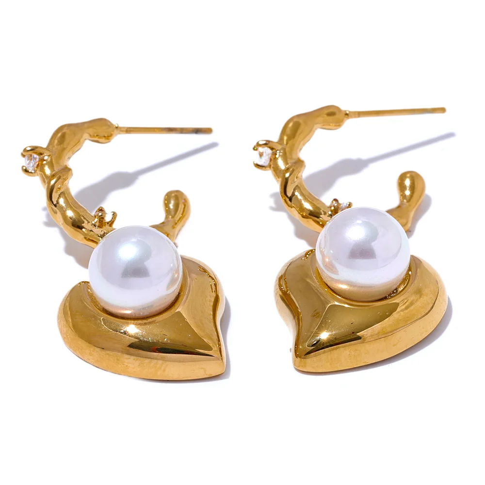 The Twisted Heart Hoop earrings blend classic twisted hoops with the delicate romance of hearts and timeless elegance of pearls. Crafted from hypoallergenic stainless steel and coated with durable 18k gold, these earrings are sustainable, durable, and perfect for daily wear or special occasions, adding elegance and romance to any look.