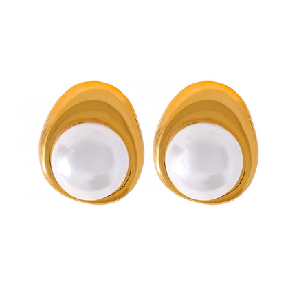 Big Shell Pearl Earrings, hypoallergenic stainless steel, 18k gold-plated, featuring large lustrous pearls for natural elegance and sustainability.