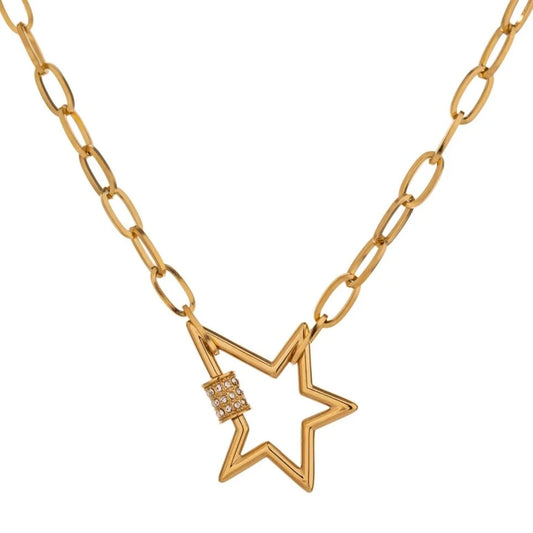 Star Locked Necklace with Encrusted Zirconias displayed on a white background, featuring a star-shaped pendant adorned with embedded zirconias, crafted from hypoallergenic stainless steel and plated with 18k gold