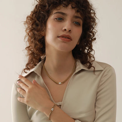 Bold Statement Chunky Chain Necklace, hypoallergenic stainless steel, 18k gold-plated, with thick chains and rectangular zirconia for confidence and power.