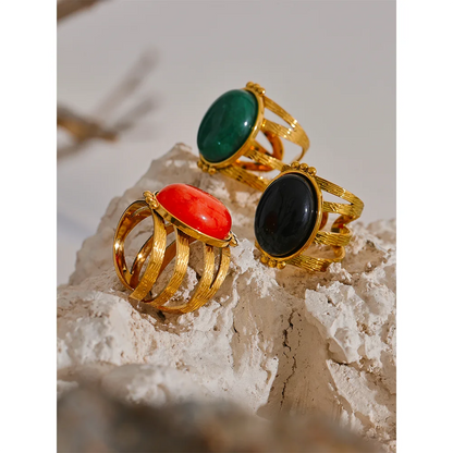 Yhpup Red Black Green Stone Stainless Steel Open Adjustable Popular Fashion Ring Gold Plated Waterproof Women Jewelry Gala Gift