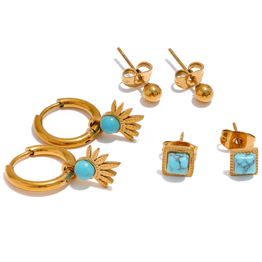 Minimalist Blue Stone Earring Set, hypoallergenic stainless steel, 18k gold-plated, for lasting elegance and comfort.