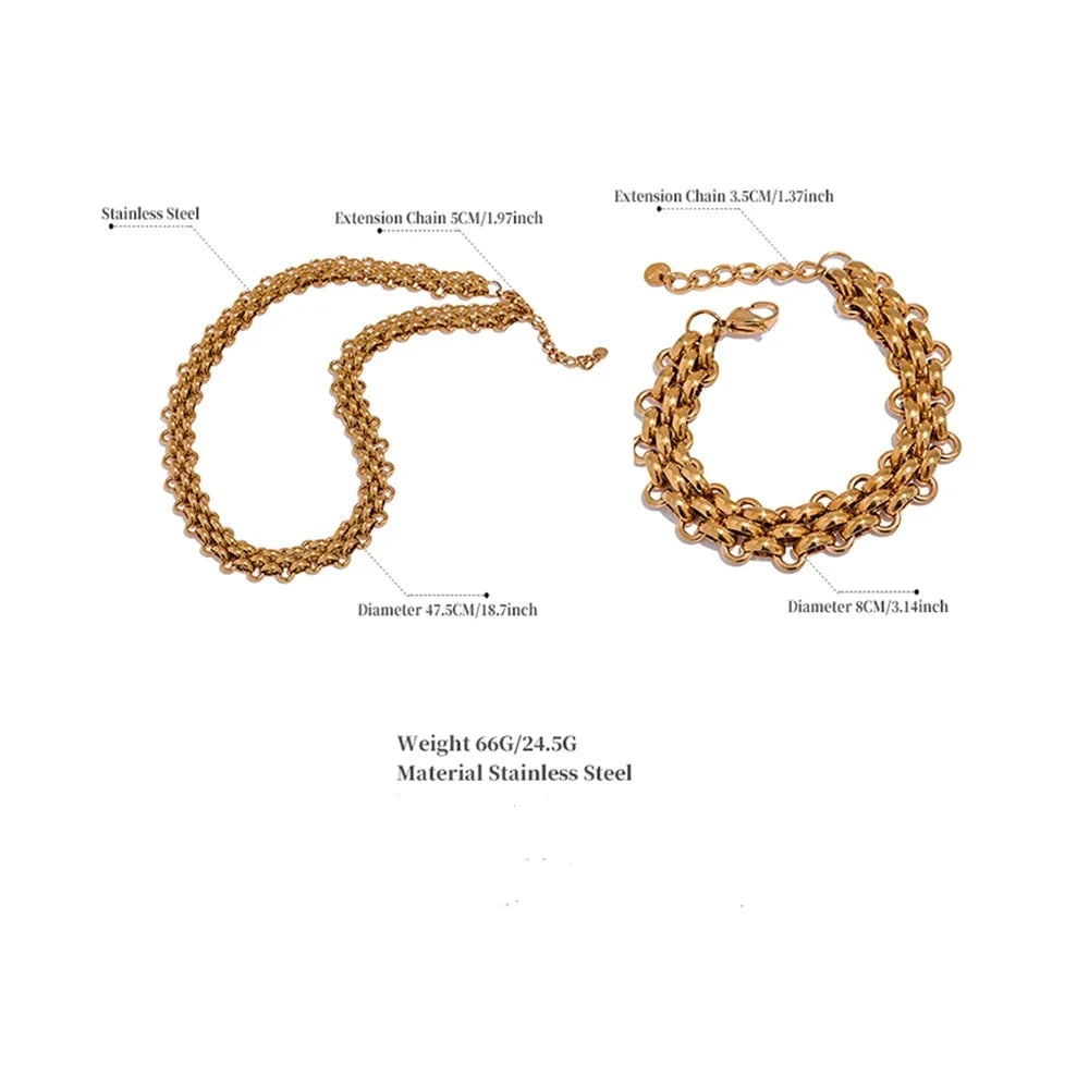 Elevate your ensemble with our Exaggerated Chain Necklace and Bracelet Set - Modern Boldness. Crafted from hypoallergenic stainless steel with sustainable 18k gold plating. Striking exaggerated chain designs for a daring and sophisticated look. Comfortable and versatile for any occasion.