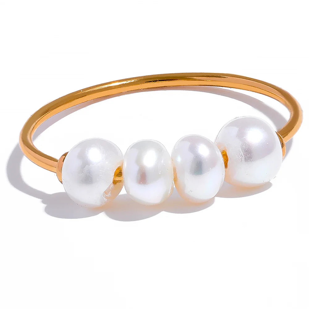 Yhpup Natural Freshwater Pearls Gold Color Stainless Steel Waterproof Thin Index Finger Ring for Women PVD Plated Charm Jewelry