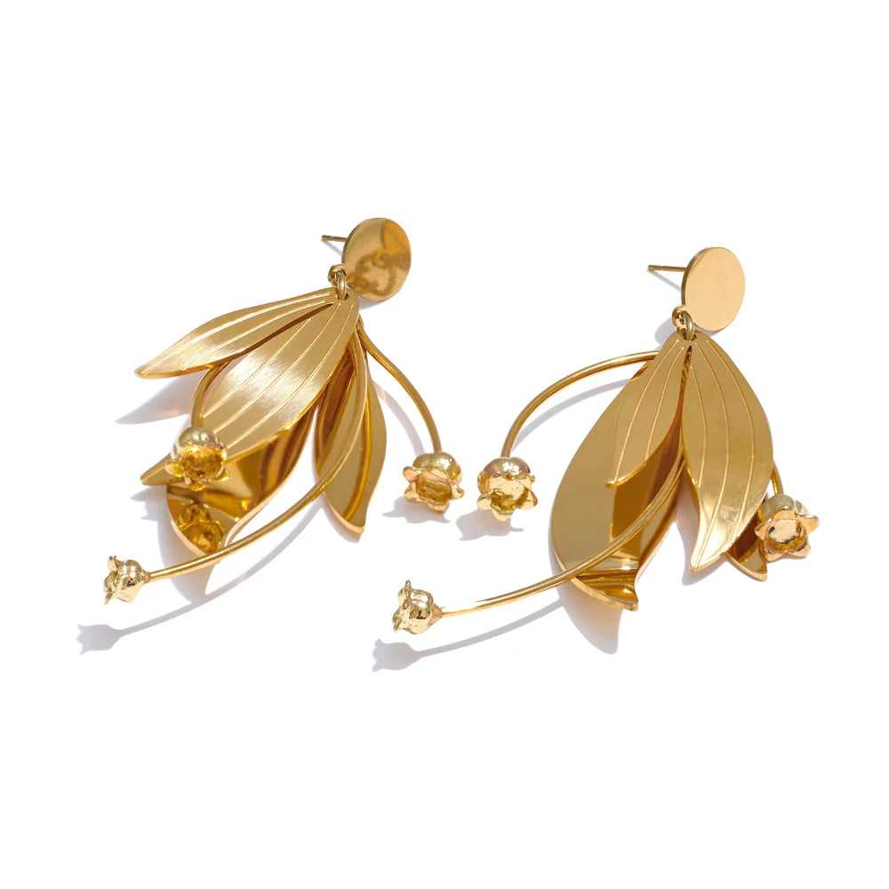 Yhpup Exquisite Stainless Steel Metal Flower Creative Earrings 18K Gold Color Plated Elegant Fashion Fairy Jewelry Gift