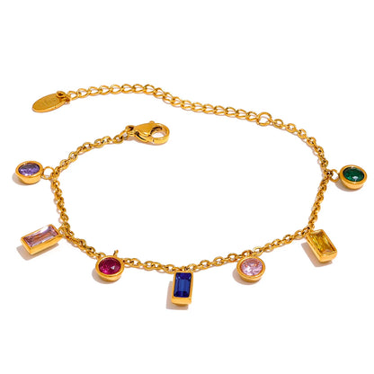 Radiant Rainbow Zirconia Bracelet displayed on a white background, adorned with circular and rectangular zirconias in various colors, crafted from hypoallergenic stainless steel and plated with 18k gold