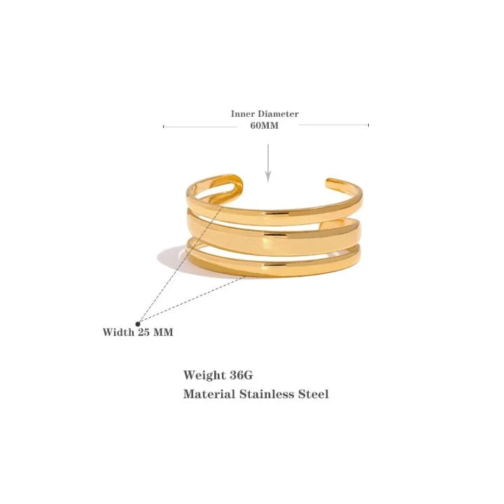 Triple Cuff Bracelet - Contemporary Sophistication. Crafted from hypoallergenic stainless steel with sustainable 18k gold plating. Versatile triple-sectioned design for elegant allure. Comfortable and enduring for all occasions.