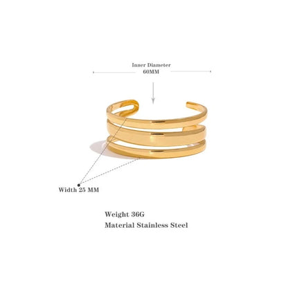 Triple Cuff Bracelet - Contemporary Sophistication. Crafted from hypoallergenic stainless steel with sustainable 18k gold plating. Versatile triple-sectioned design for elegant allure. Comfortable and enduring for all occasions.