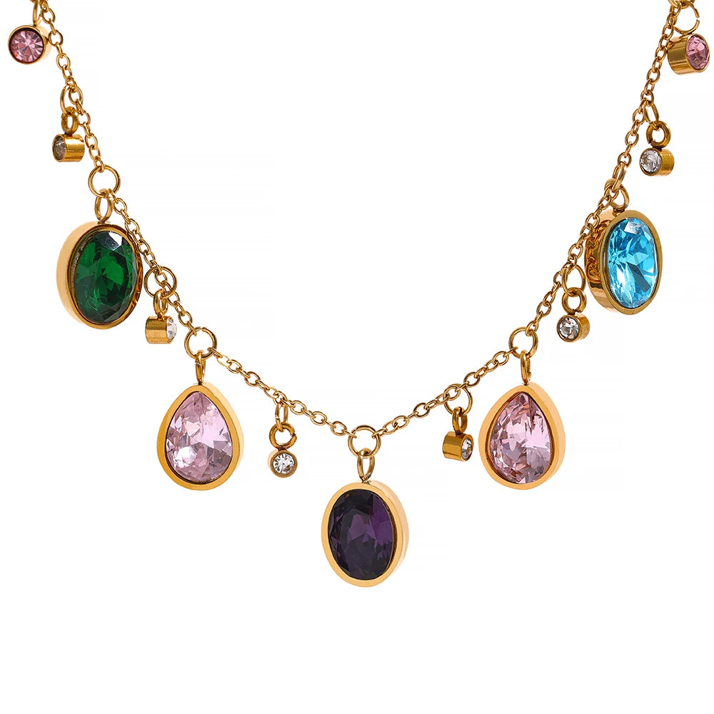 Multicolored Shine Zirconia Necklace displayed on a white background, adorned with various colorful zirconias that brilliantly reflect light, crafted from hypoallergenic stainless steel and plated with 18k gold