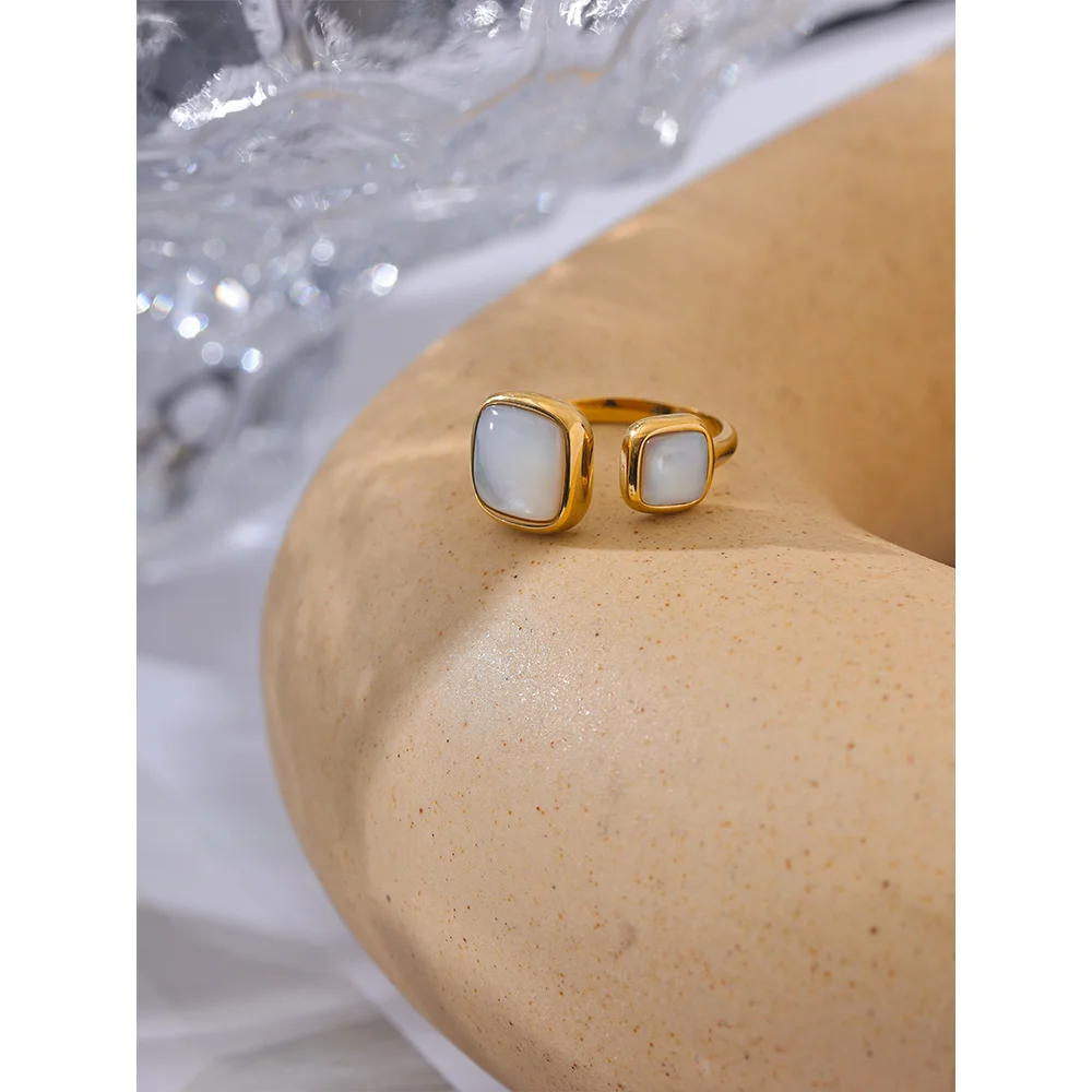 Yhpup Stylish Natural Shell Square Gold Color Ring for Women Exquisite Stainless Steel 18K PVD Plated Charm Finger Jewelry New