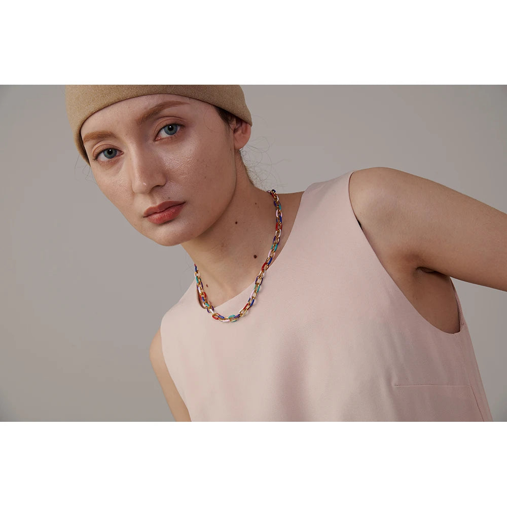 Rainbow Chain Necklace, hypoallergenic stainless steel, 18k gold-plated, featuring multicolored chains for a cheerful and sustainable look.