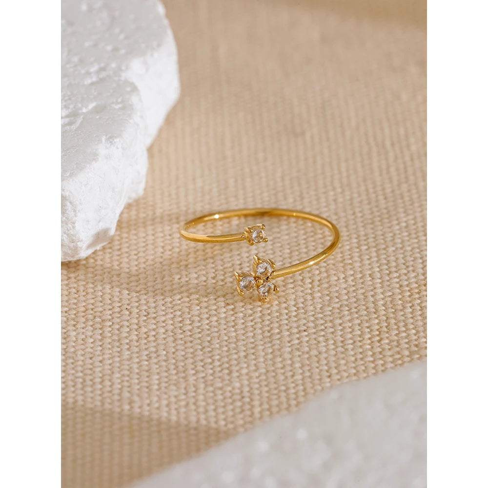 Yhpup Delicate Bling Cubic Zirconia Flower Thin Adjustable Golden Ring 2024 Waterproof Stainless Steel Chic Korean Jewelry Gift