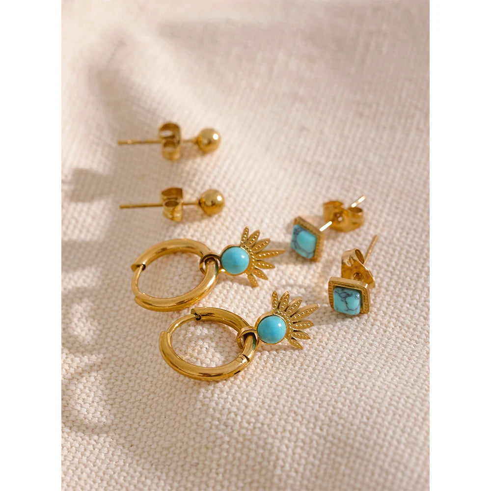 Minimalist Blue Stone Earring Set, hypoallergenic stainless steel, 18k gold-plated, for lasting elegance and comfort.